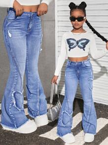 SHEIN 少女Y2K复古水洗蝴蝶形拼接喇叭牛仔裤，带口袋和毛边裤脚，秋季返校街头风 - 淺色水洗藍 - 查看 1