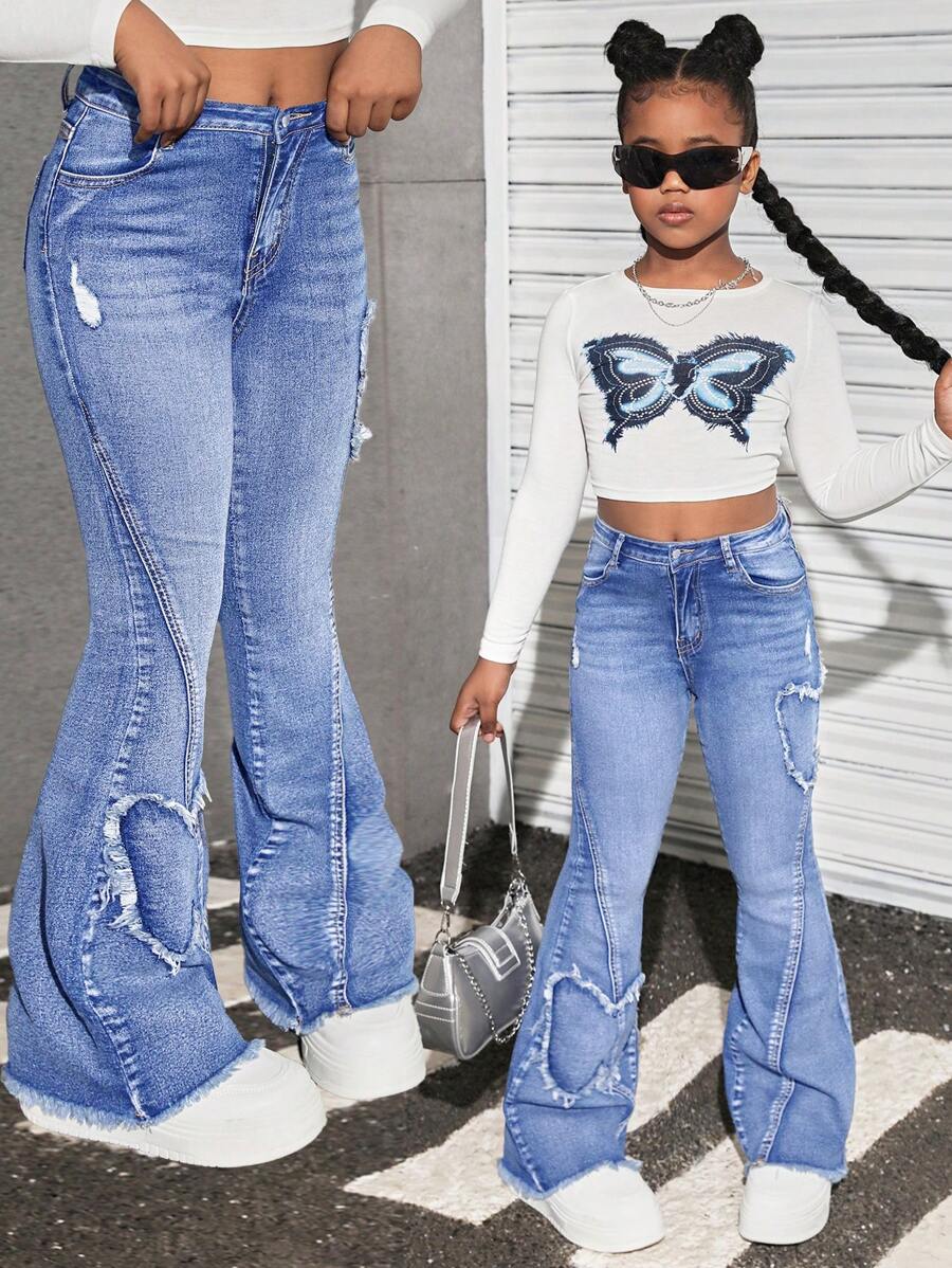 SHEIN 少女Y2K复古水洗蝴蝶形拼接喇叭牛仔裤，带口袋和毛边裤脚，秋季返校街头风 - 淺色水洗藍 - 查看 1