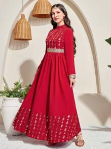 SHEIN Elegant Red Foil Leaf Pattern Maxi Dress For Teen Girls, With Gold Woven Belt Decor - Red - View 5
