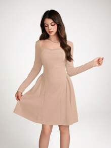 SHEIN Elegant & Luxurious Teen Girls Ruffle Long Sleeve Ruffle Trim Short Dress, Red, Suitable For Back To School, Birthday Party, Cocktail, Valentine's Day - Apricot - View 3