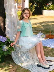 SHEIN Bộ trang phục 2 món cho bé gái tuổi mới lớn: Áo cánh organza tay bồng xếp nếp họa tiết hoa xanh lá cây và chân váy lưới trắng, trang phục thường ngày cho các chuyến đi chơi mùa xuân/hè và đến trường - Nhiều màu - Xem 3