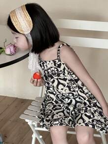 DAZY 年轻女孩全身印花吊带连体裤，休闲假日风格花卉 - 黑與白 - 查看 4