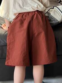 DAZY Young Boy Letter Print Elastic Waist Pocket Casual Shorts - Red - View 6