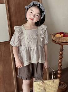 DAZY 2 Stücke Urlaubs-Lässig Set aus bestickter Bluse mit Puffärmeln und Shorts für Kleine Mädchen