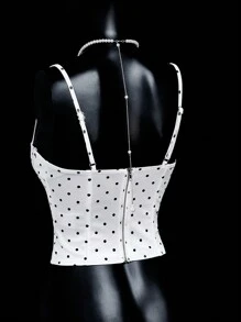 SHEIN ICON 情人节女士夏季服装外出上衣女士不对称罩杯蝴蝶结装饰波尔卡圆点内衣上衣 - 白色 - 查看 9