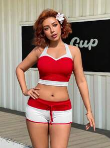 SHEIN Sweetina 甜美运动拼色腰带和抽绳复古低腰短裤套装 - 紅白色 - 查看 3