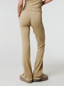 TypaGal Contrast Stitch Drawstring Thick Waist Casual Flare - Khaki - View 2