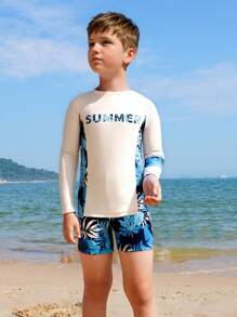 男童热带印花长袖和短裤泳衣套装