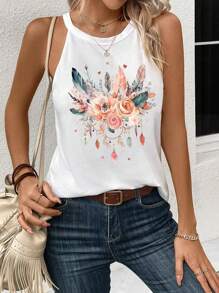 SHEIN LUNE 女式休闲花卉印花露背背心，略微透明，适合夏季