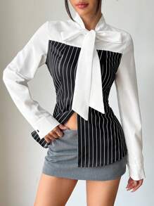 SHEIN Unity 全新 拼接单排扣长袖蝴蝶结领优雅女士办公衬衫 - 黑與白 - 查看 5