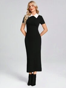 SHEIN LUNE Dames Polo Collar Color Block Elegante Zwarte Bodycon Zeemeerminjurk