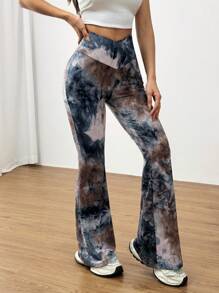 SHEIN EZwear 大码扎染弹力舒适紧身喇叭裤，夏季 - 彩色 - 查看 3