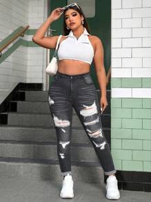 SHEIN EZwear Jeans ajustados y desgastados en lavado oscuro con elástico para tallas grandes