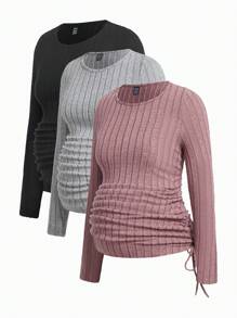 Modmama Maternity Casual Solid Color Ribbed Side Drawstring Long Sleeve T-Shirt, Autumn - Multicolor - View 15