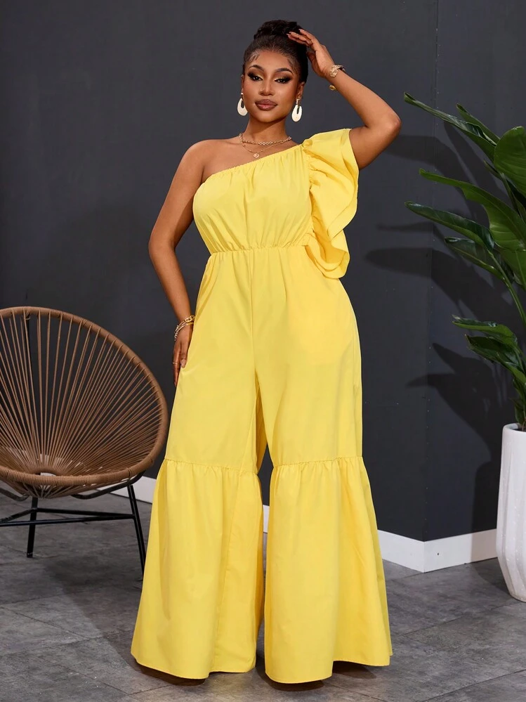Slaydiva New 2025 Plus Size Women Yellow Ruffled One Shoulder Wide