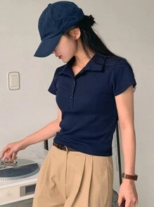 DAZY Áo thun nữ tay ngắn ôm sát có khóa kéo nửa cổ - Màu xanh hải quân - Xem 6