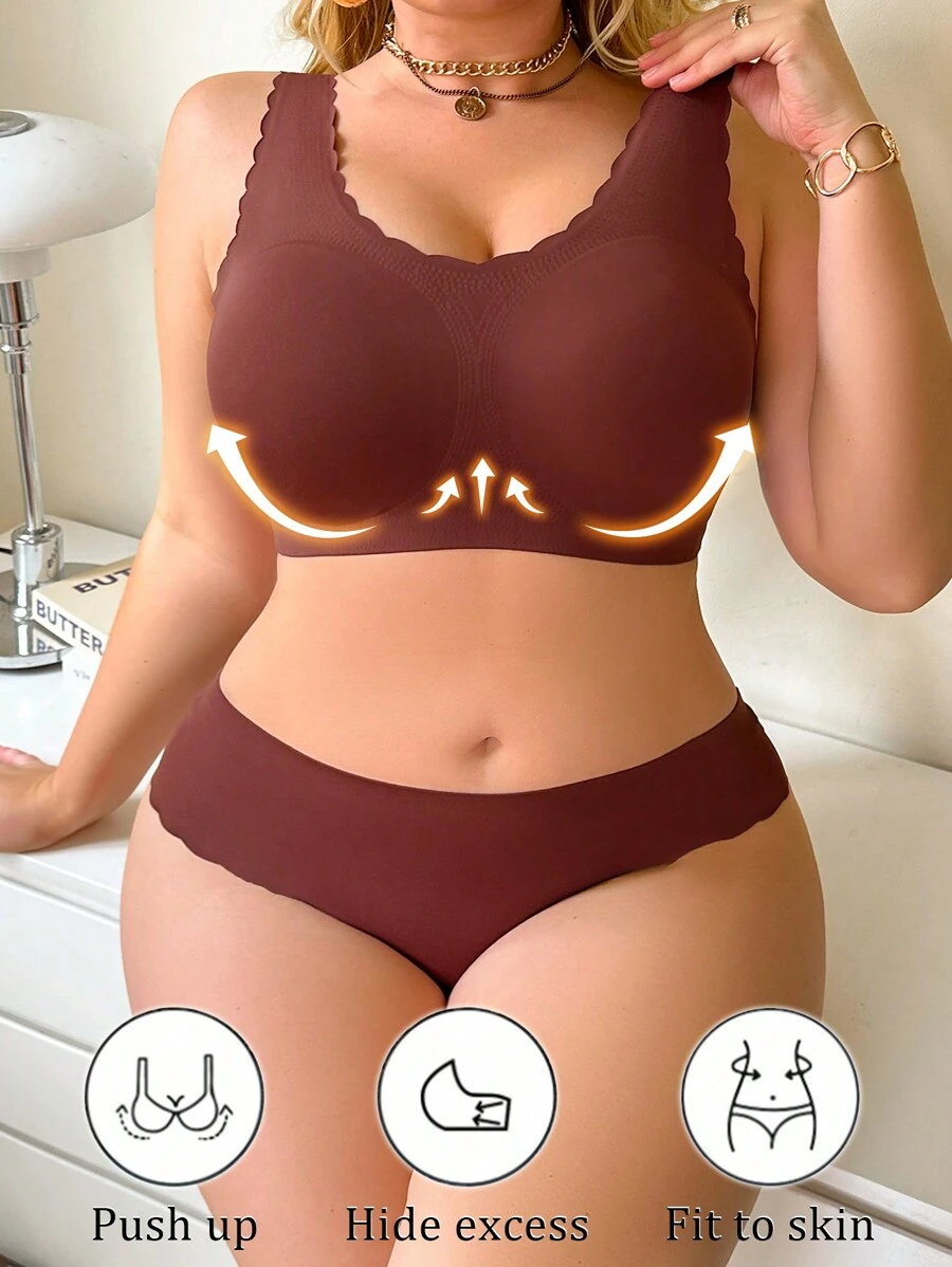 Plus Size 2pcs Casual Solid Color Minimalist Underwear Set