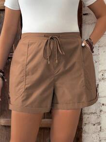 Nubod Plus Size Women Solid Color Waist Tie Pocket Shorts - Camel - View 3