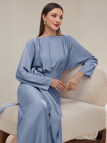 Veilorie 女士优雅纯色蝙蝠袖系腰连衣裙 - 霧霾藍 - 查看 3