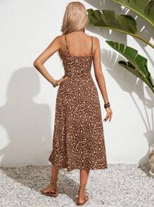 SHEIN Frenchy Đầm midi không tay xẻ tà họa tiết hoa dành cho kỳ nghỉ của phụ nữ - Cà phê - Xem 2