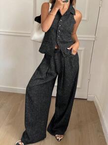 DAZY Set de 2 piezas de chaleco ajustado sin mangas y pantalones de pierna ancha elegante para vacaciones de verano para mujer