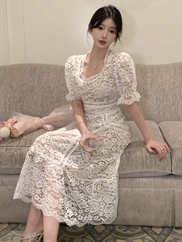 Women's Lace Puff Sleeve Casual Korean-Style Elegant Mid-Length Dress,Ruffle Maxi Dress