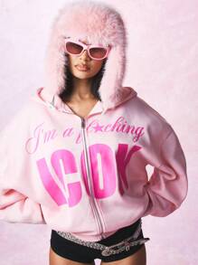 SUMWON WOMEN Sudadera con cremallera completa, con texto estampado atrevido, de estética Y2K sobredimensionada, prenda de abrigo de invierno, de uso casual, de estilo urbano, para festivales, fiestas y clubes