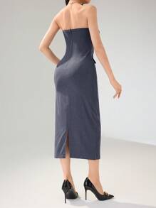 Heiryn 女式无袖仿口袋简约修身休闲长筒连衣裙 - 深灰色 - 查看 5