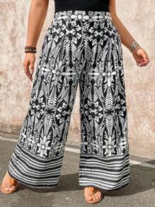 Breezaya Große Größen Blumen Hosen mit hoher Taille, Taschen und weitem Bein