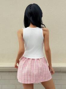 SHEIN Explorewe Teen Girls Casual Minimalist Round Neck Cropped Tank Top And High Waist A-Line Plaid Short Skirt Summer 2 Pieces Set - Pink - View 2