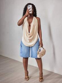 BamGleam Women's V-Neck Halter Design Fashionable Versatile Camisole - Apricot - View 7