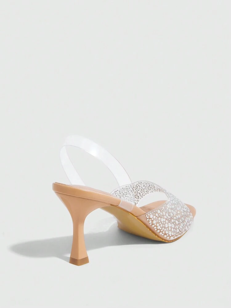 CUCCOO SZL Women's Square Toe High Heel Slippers, Fashion Apricot Transparent PVC Faux Pearl Studded Stiletto Heel Lady High Heel Sandals Spring Shoes Spring Break Easter Prom Heels For Christmas Spring Shoes Prom Heels