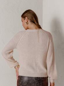 Aralina Relaxed Fit V-Neck Raglan-Style Button Down Cropped Sweater - Beige - View 2