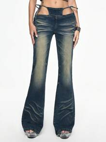 ROMWE Grunge Punk Y2K Rivet 2 In 1 Extremely Low Waist Flare Jeans Pants For Women, Suitable For Concerts & Festivals - Blue - View 7