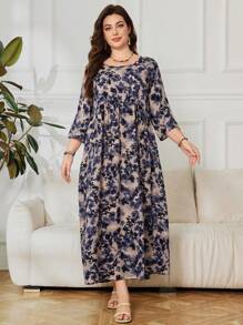 Lacomfia Plus Size Floral Print 3/4 Sleeve Loose Arabic Style Dress
