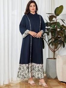 Lacomfia 大码休闲拼布印花长袖宽松常规春秋连衣裙 - 彩色 - 查看 4