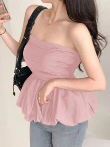 DAZY Women's Solid Color Bandeau Sleeveless Shirt, Slim Fit, Holiday/Vacation/Beach, Spring/Summer,Ruffle Babydoll Top Going Out Tops - Pink - View 4