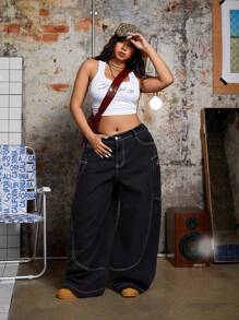 SHEIN ICON 大码女式喇叭腿休闲牛仔裤，带外露缝线 - 黑色 - 查看 3