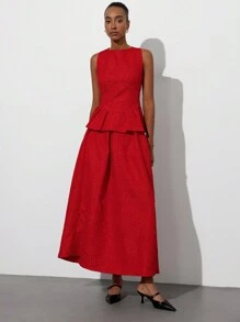 Aveloria Modichic 2pcs/Set Women's Red Romantic Party Outfit - Sleeveless Jacquard Top With Layered Waist Detail & Extra Long Skirt, Elevated Look