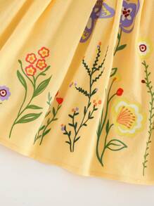 Cozy Pixies 女婴碎花图案圆领泡泡袖休闲百搭连衣裙 - 黃色 - 查看 7