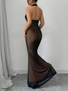 Rafferiza 优雅紧身鱼尾下摆 V 领收腰针织网眼连衣裙，配洋红色衬里，女款，秋冬款 - 彩色 - 查看 2