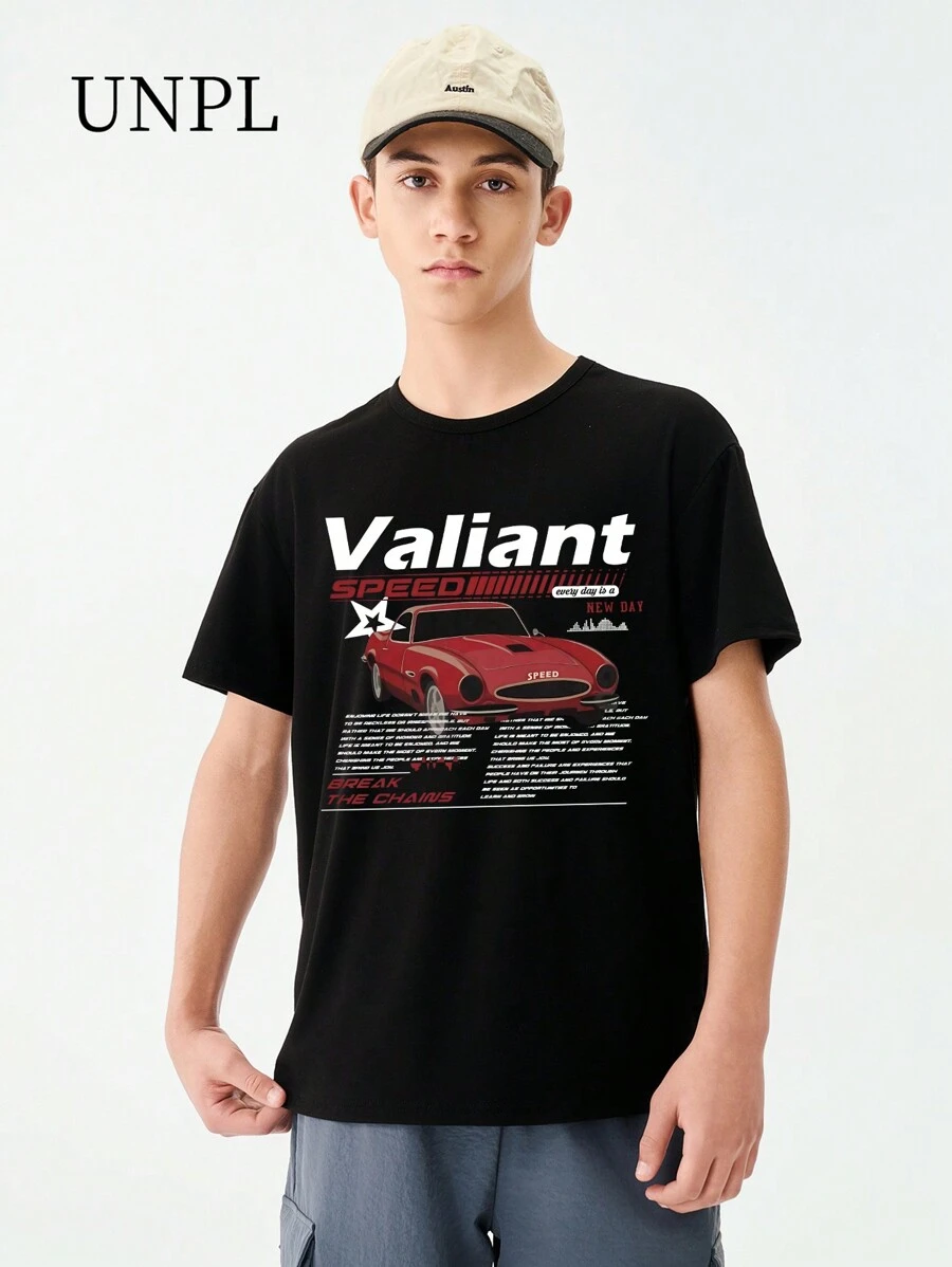 SHEIN Tween Boys Crew Neck Short Sleeve Racing Car Printed Print T-Shirt - Black - View 1