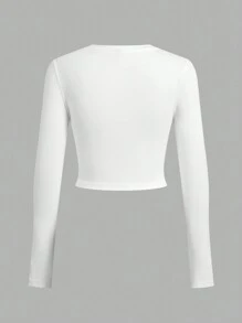 SHEIN EZwear Damska jednokolorowa dzianinowa koszulka z okrągłym dekoltem, kokardą i długim rękawem, casualowa, na wiosnę i lato