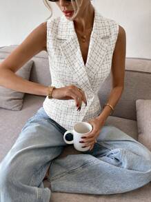 Serisse Women Elegant Commute Little Fragrant Wind Plaid Notched Collar Sleeveless Button-Up Blazer,Office Elegant Commuter Outfits,For Daily Wear,Suitable For Spring, Summer And Autumn,Elegant Blazer,Sleeveless Blazer,Slim Fit Blazer