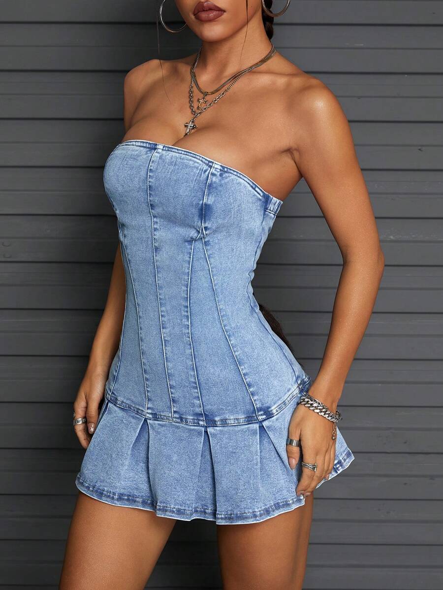 SHEIN ICON Vestido Denim Casual Feminino, Minimalista e da Moda, para Uso Diário - Azul - Visão 1