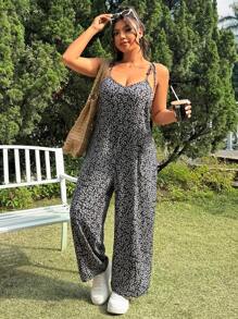 SHEIN EZwear Plus Size Women Summer Casual Jumpsuit With Ditsy Floral, Holiday & Vacation - Black - View 4