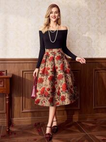 Vintamour 复古优雅女式提花印花宽松喇叭裙，红色情人节情人服装夏季女士服装 - 紅色 - 查看 3