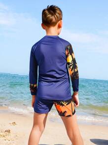 青少年男孩圆领长袖字母印花修身泳衣