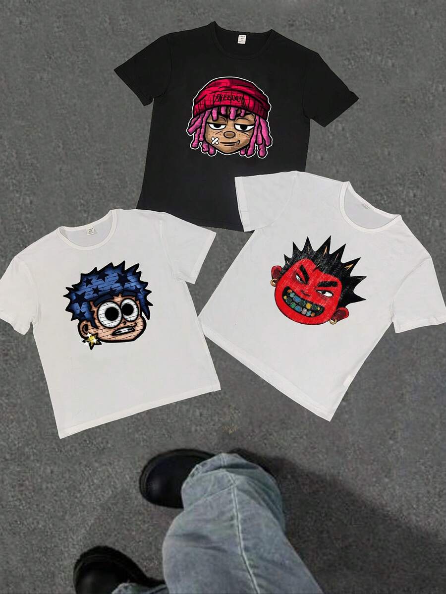 Set de 3 camisetas de cuello redondo con estampado grande en la espalda, de ajuste holgado y moda cómoda para niños preadolescentes - Multicolor - Ver 1