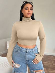 CovetEZ Plus High Neck Thumb Hole Crop Tee Spring Clothes